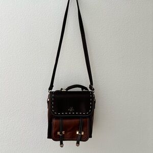 Whimsical Two Toned Brown Faux Leather Women's Handbag Gold Accents-Bee Hardware